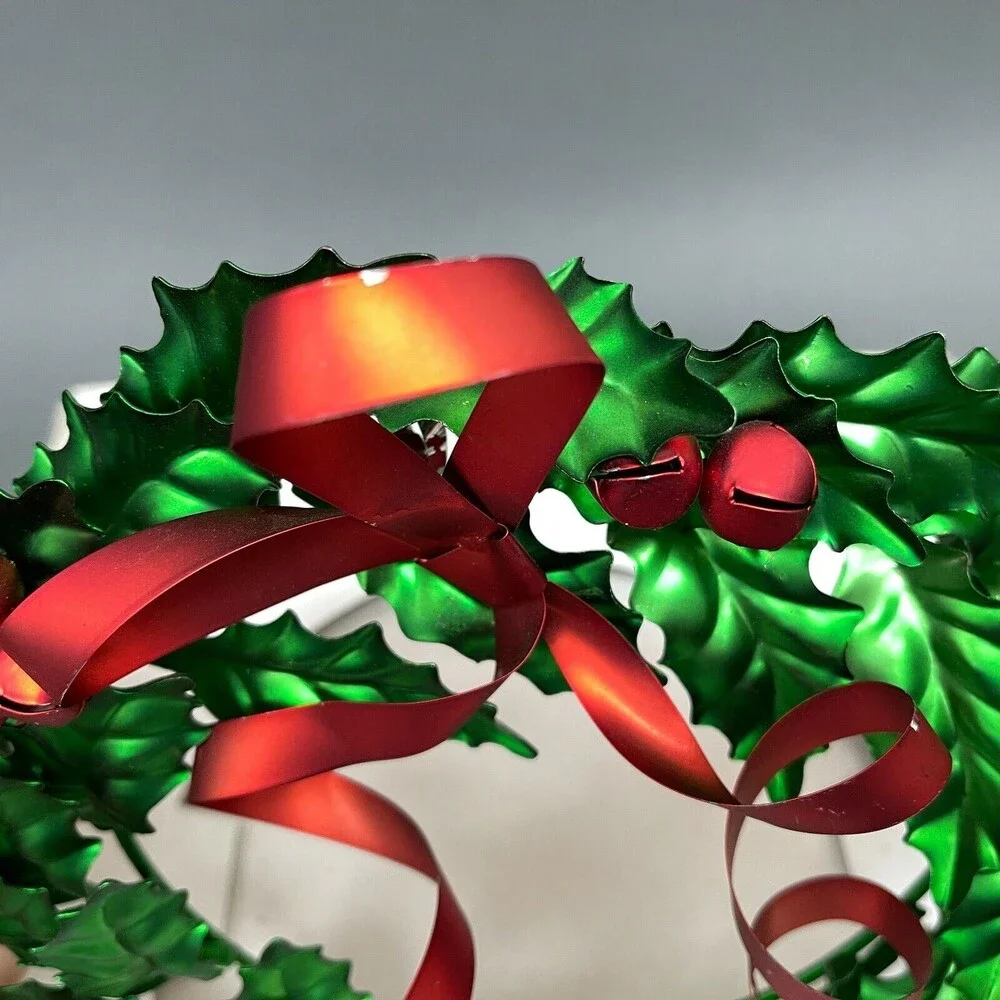 Dept. 56 Holly Bow Wreath with Metal Ribbon Bells Green Red 10 1/4 x 9 1/2